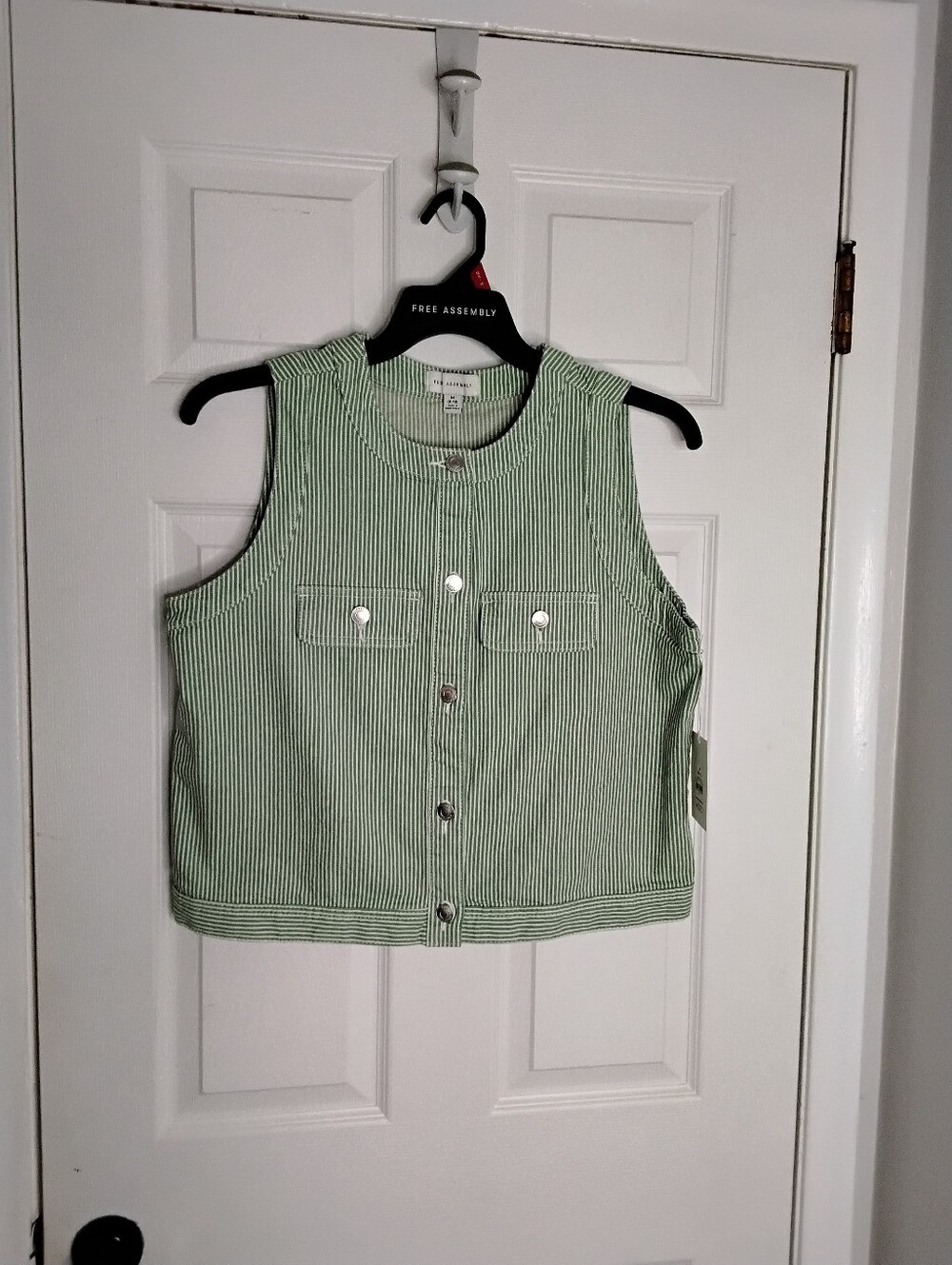 Womens Sleeveless Button-Front Top in Green Stripe